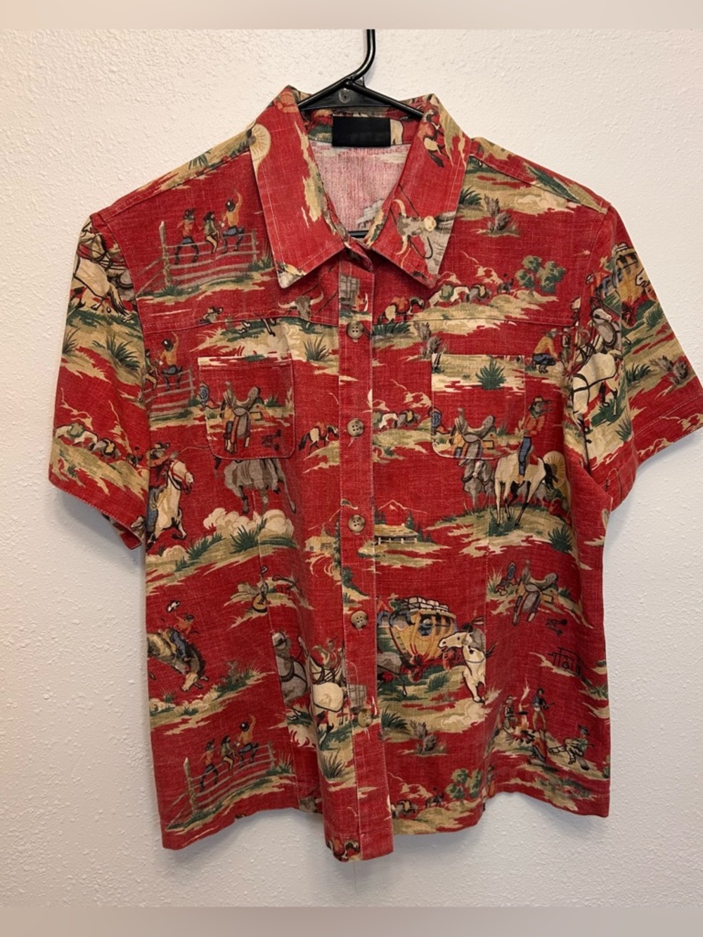 Women’s Red Western Print Button-Down Shirt - Equestrian Cowboy shirt
